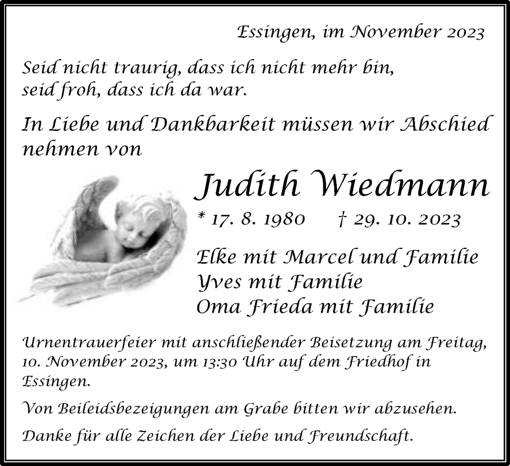  Traueranzeige für Judith Wiedmann vom 07.11.2023 aus Schwäbische Post