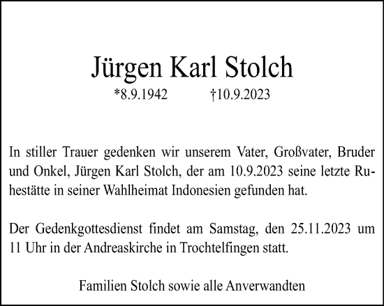 Traueranzeige von Jürgen Karl Stolch von Schwäbische Post