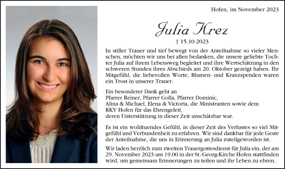  Traueranzeige für Julia Krez vom 22.11.2023 aus Schwäbische Post