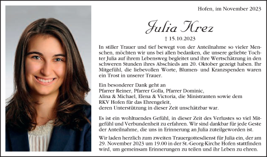 Traueranzeige von Julia Krez von Schwäbische Post