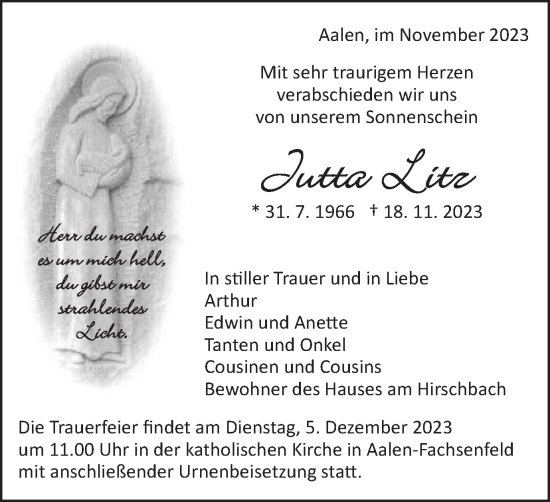 Traueranzeige von Jutta Litz von Schwäbische Post