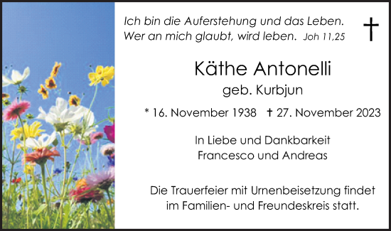 Traueranzeige von Käthe Antonelli von Schwäbische Post
