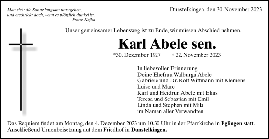 Traueranzeige von Karl Abele von Schwäbische Post