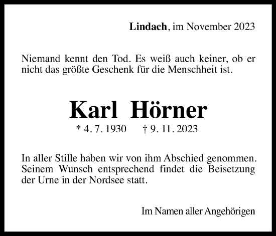 Traueranzeige von Karl Hörner von Gmünder Tagespost