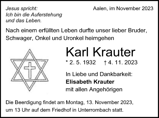 Traueranzeige von Karl Krauter von Schwäbische Post