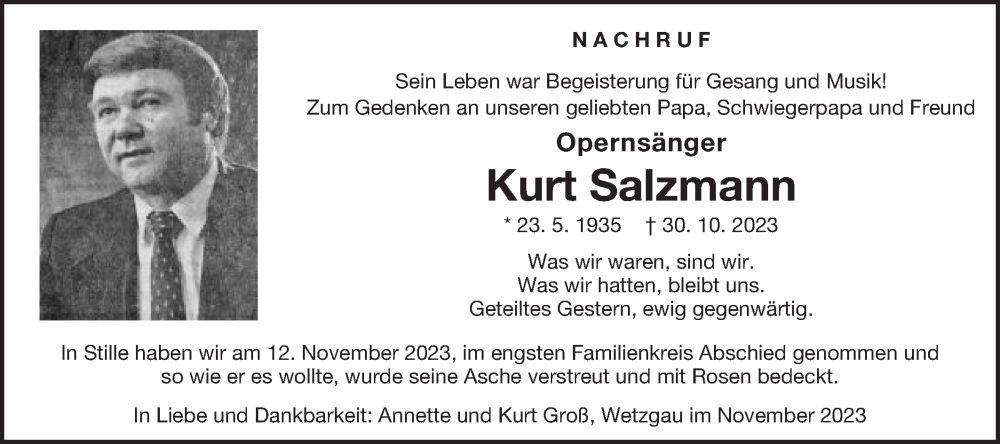  Traueranzeige für Kurt Salzmann vom 16.11.2023 aus Gmünder Tagespost
