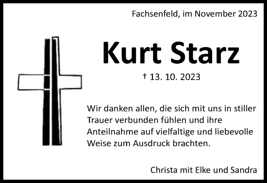 Traueranzeige von Kurt Starz von Schwäbische Post