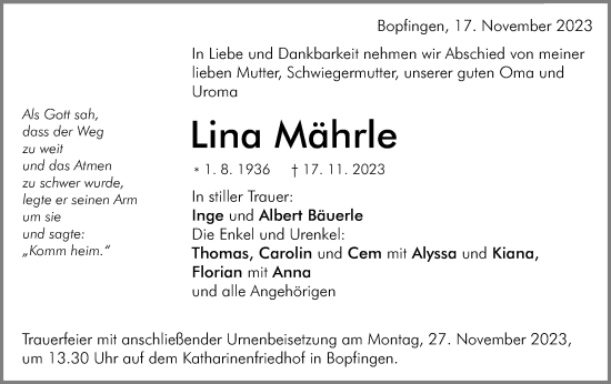 Traueranzeige von Lina Mährle von Schwäbische Post