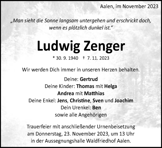Traueranzeige von Ludwig Zenger von Schwäbische Post