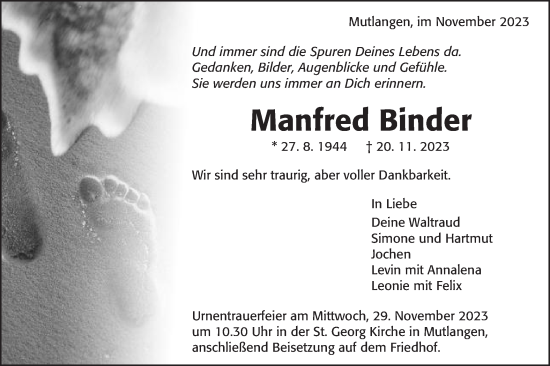 Traueranzeige von Manfred Binder von Gmünder Tagespost