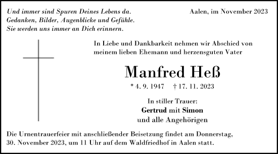 Traueranzeige von Manfred Heß von Schwäbische Post
