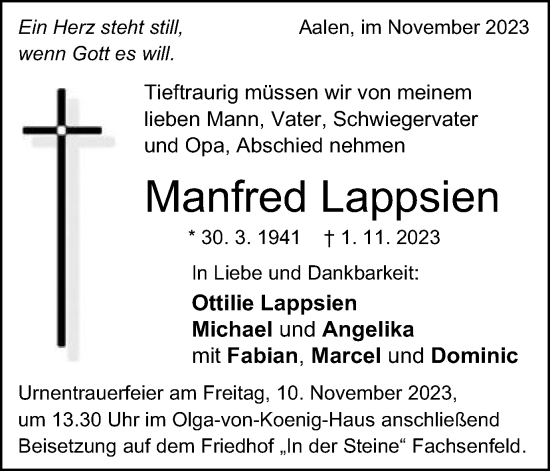 Traueranzeige von Manfred Lappsien von Schwäbische Post