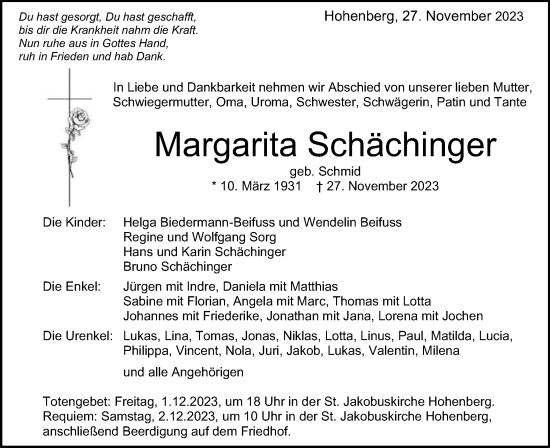 Traueranzeigen von Margarita Schächinger | OstalbTrauer
