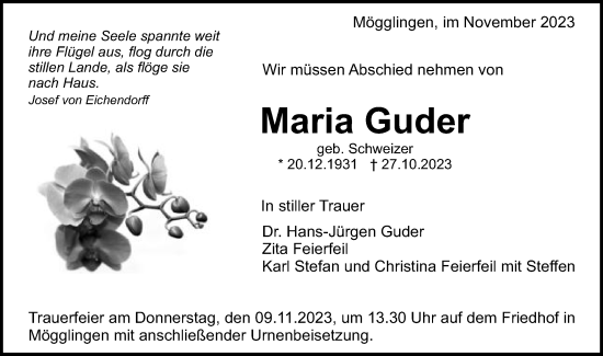 Traueranzeige von Maria Guder von Gmünder Tagespost