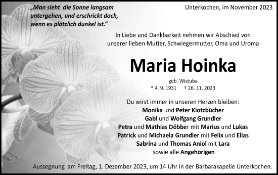 Traueranzeige von Maria Hoinka von Schwäbische Post