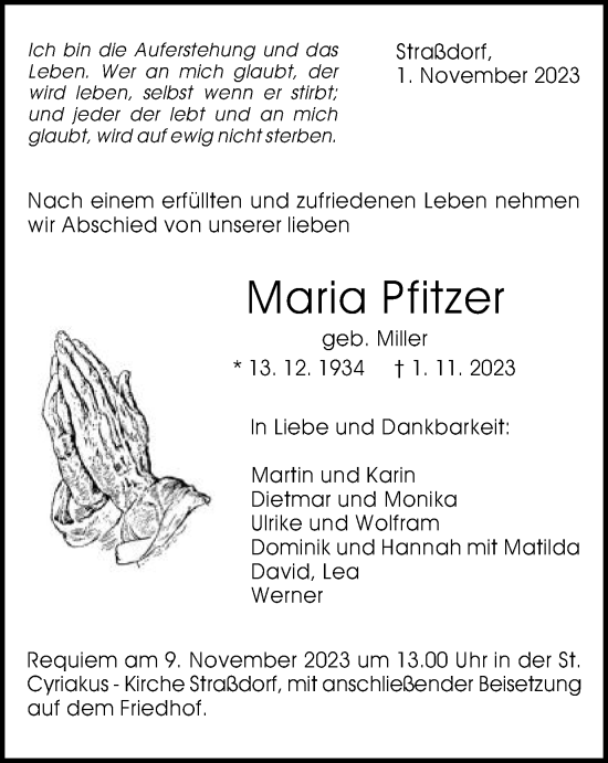 Traueranzeige von Maria Pfitzer von Gmünder Tagespost