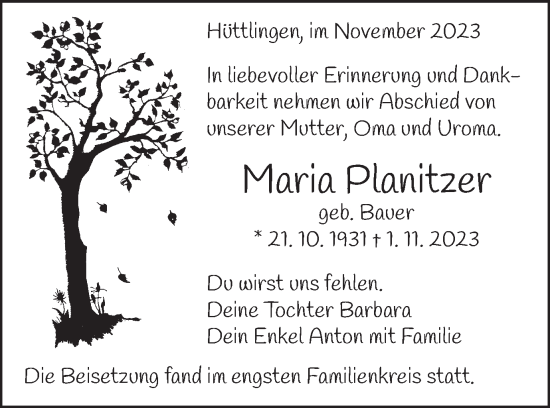 Traueranzeige von Maria Planitzer von Schwäbische Post