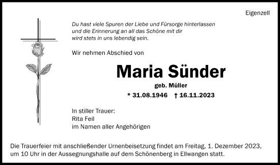 Traueranzeige von Maria Sünder von Schwäbische Post