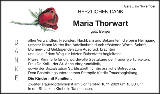 Traueranzeige von Maria Thorwart von Schwäbische Post