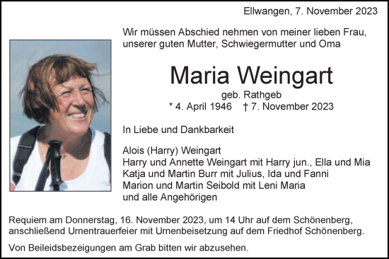 Traueranzeige von Maria Weingart von Schwäbische Post