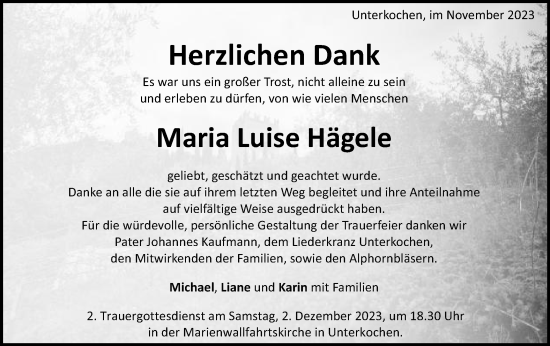 Traueranzeige von Maria Luise Hägele von Schwäbische Post