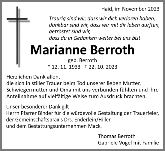 Traueranzeige von Marianne Berroth von Schwäbische Post