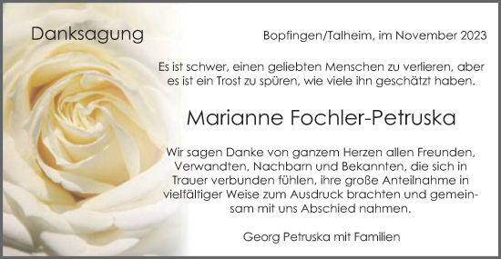 Traueranzeige von Marianne Fochler-Petruska von Schwäbische Post