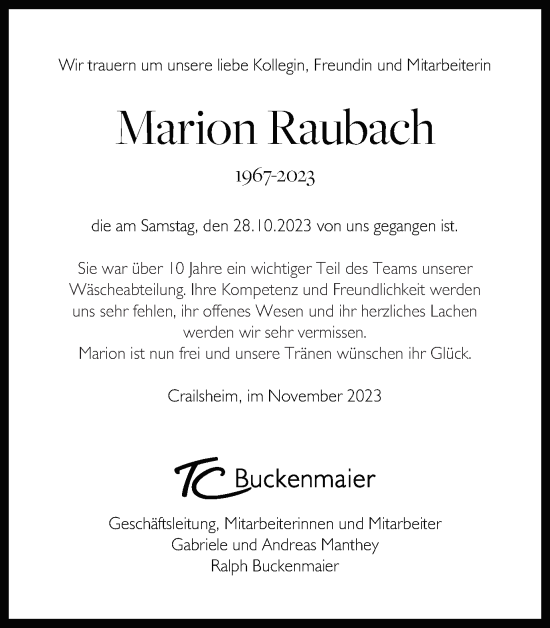 Traueranzeige von Marion Raubach