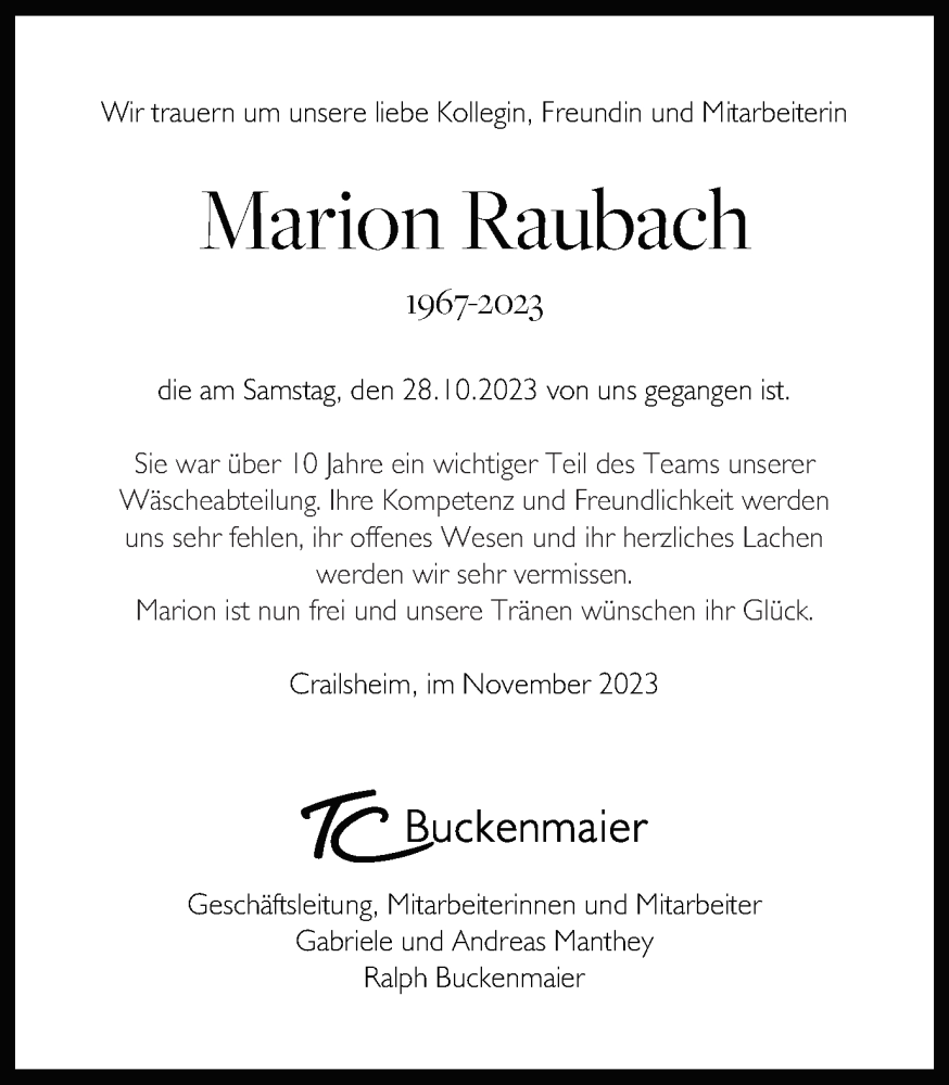  Traueranzeige für Marion Raubach vom 04.11.2023 aus Schwäbische Post