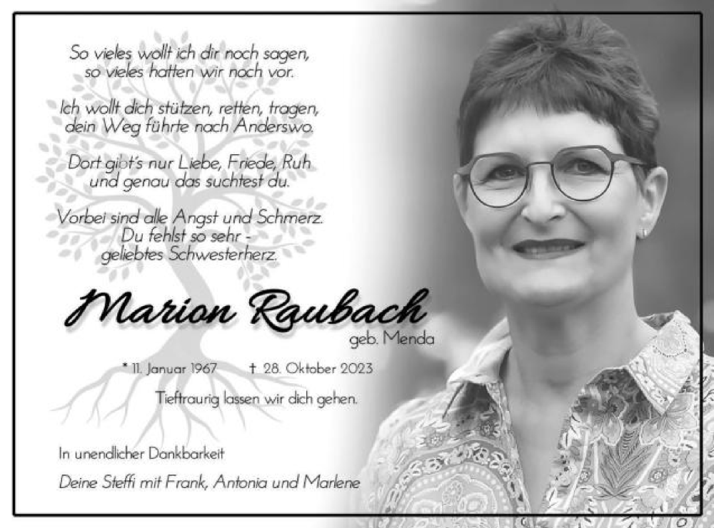  Traueranzeige für Marion Raubach vom 04.11.2023 aus Schwäbische Post