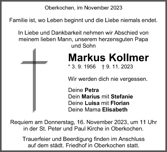 Traueranzeige von Markus Kollmer von Schwäbische Post