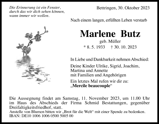 Traueranzeige von Marlene Butz von Gmünder Tagespost