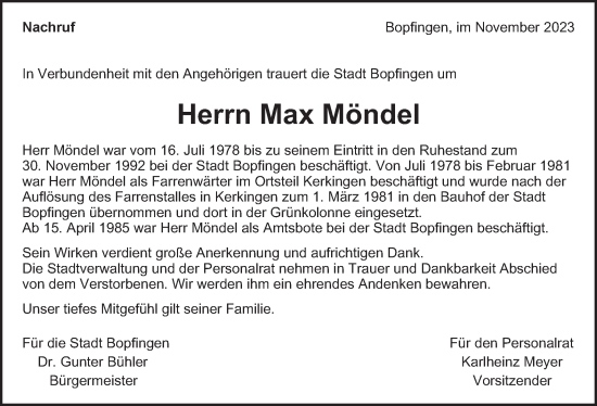 Traueranzeige von Max Möndel von Bopfinger Stadtanzeiger