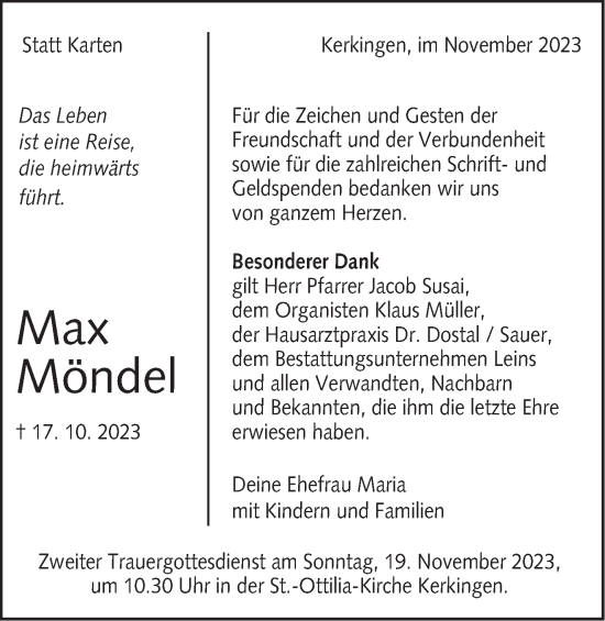 Traueranzeige von Max Möndel von Schwäbische Post