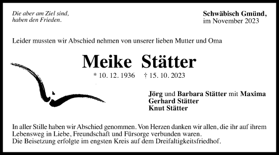 Traueranzeige von Meike Stätter von Gmünder Tagespost