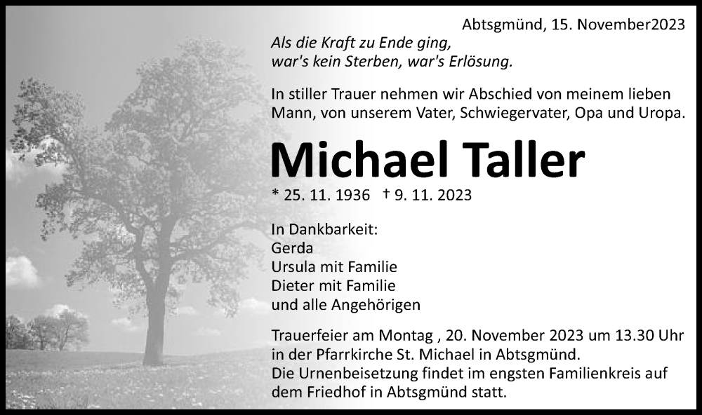  Traueranzeige für Michael Taller vom 15.11.2023 aus Schwäbische Post