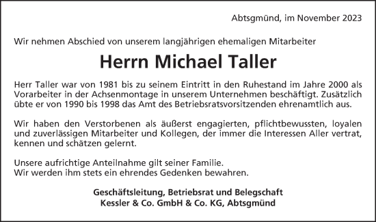 Traueranzeige von Michael Taller von Schwäbische Post