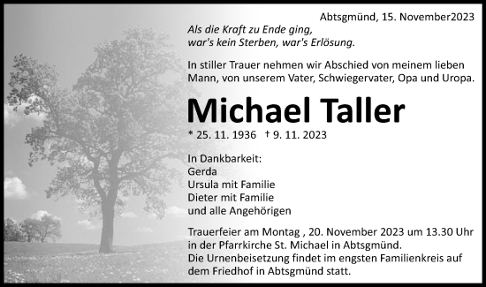 Traueranzeige von Michael Taller von Schwäbische Post