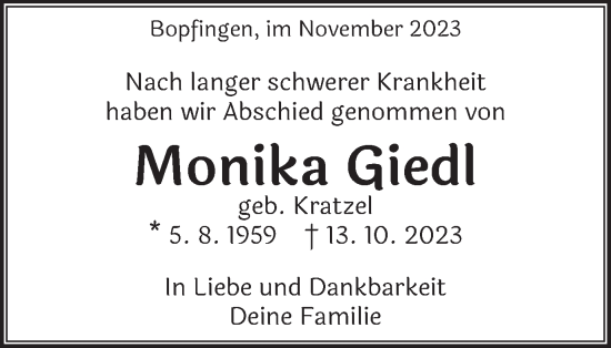 Traueranzeige von Monika Giedl von Bopfinger Stadtanzeiger