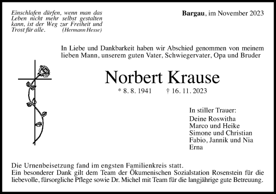 Traueranzeige von Norbert Krause von Gmünder Tagespost