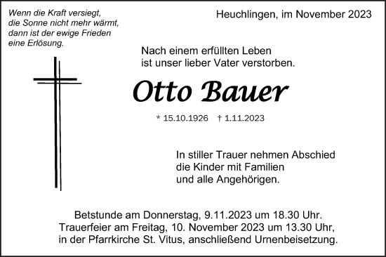 Traueranzeige von Otto Bauer von Gmünder Tagespost