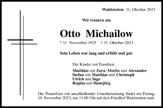 Traueranzeige von Otto Michailow