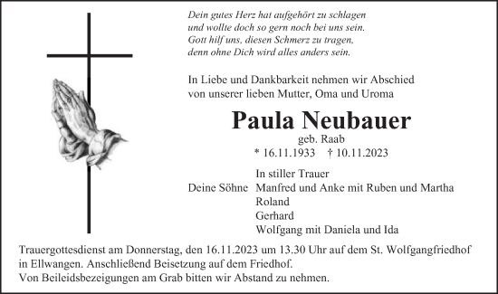 Traueranzeige von Paula Neubauer von Schwäbische Post