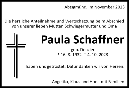 Traueranzeige von Paula Schaffner von Schwäbische Post