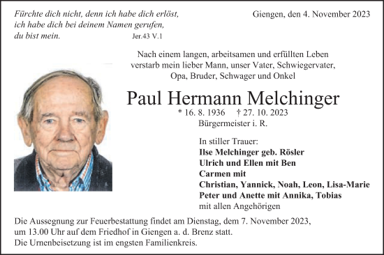 Traueranzeige von Paul Hermann Melchinger von Schwäbische Post