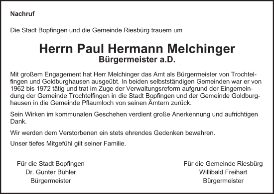 Traueranzeige von Paul Hermann Melchinger von Schwäbische Post