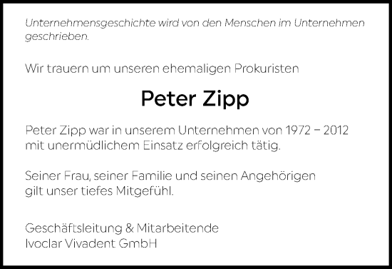 Traueranzeige von Peter Zipp von Schwäbische Post