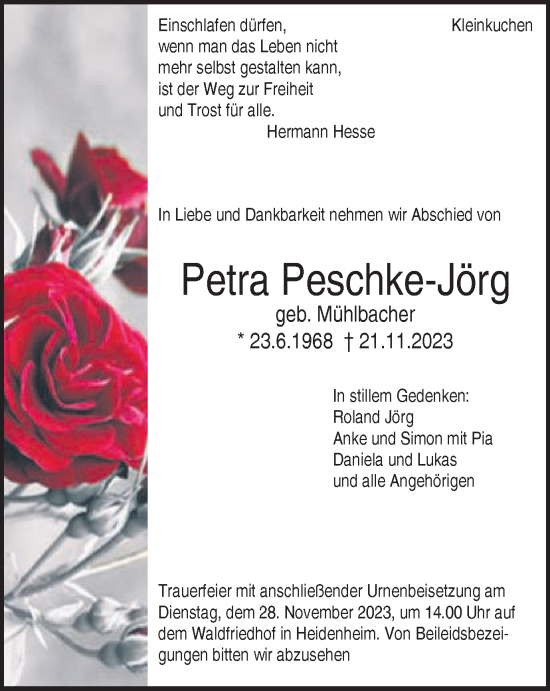 Traueranzeige von Petra Peschke-Jörg von Schwäbische Post