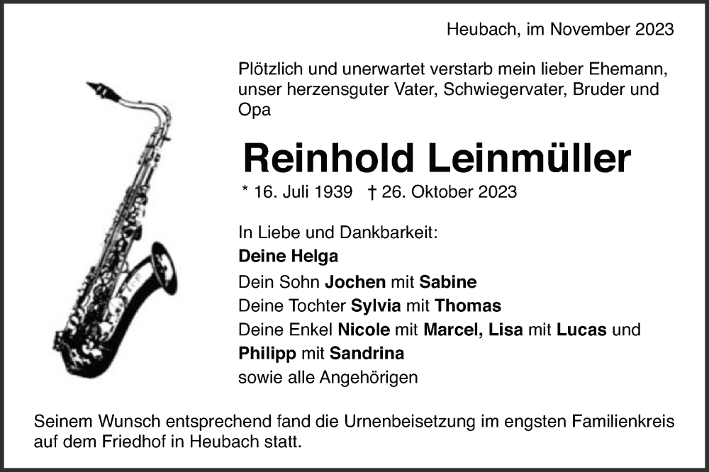  Traueranzeige für Reinhold Leinmüller vom 18.11.2023 aus Gmünder Tagespost
