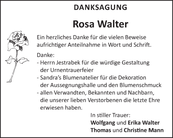 Traueranzeige von Rosa Walter von Schwäbische Post